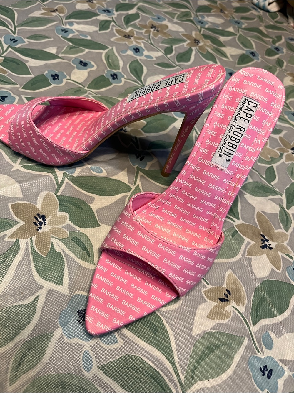 Cape Robbin Pink Barbie-Print Stiletto Slide Heels